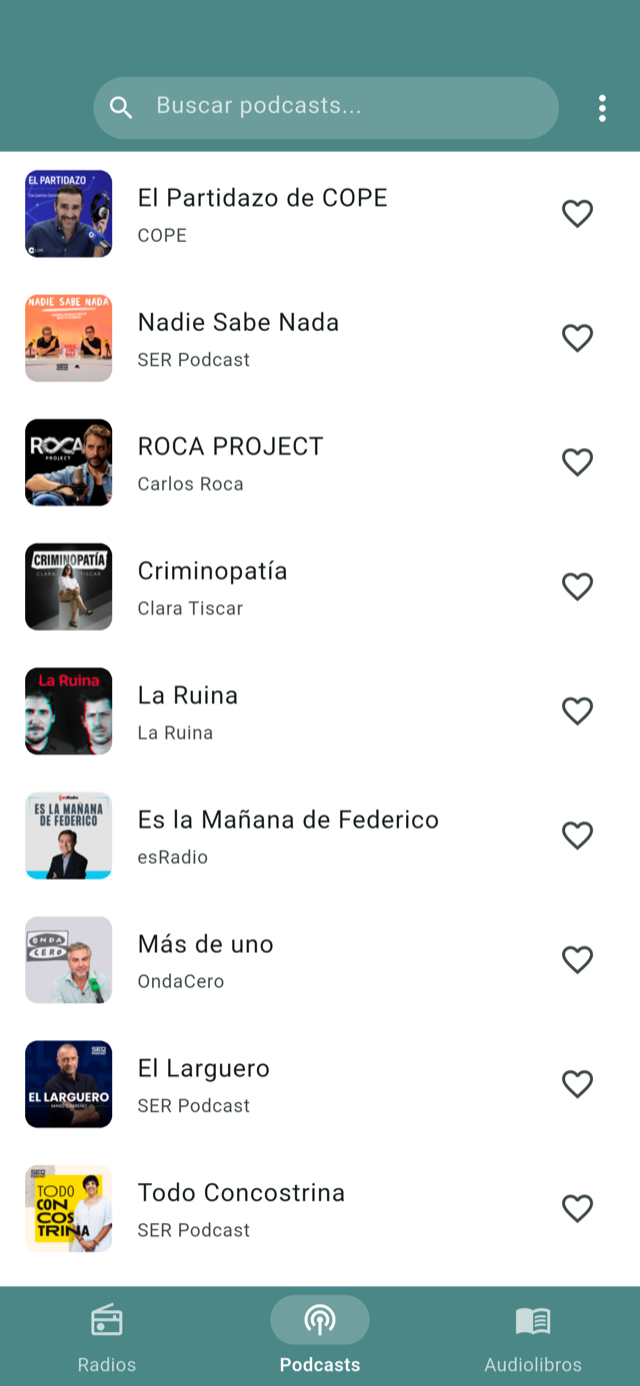 Radio FM podcasts tab with popular shows from national broadcasters